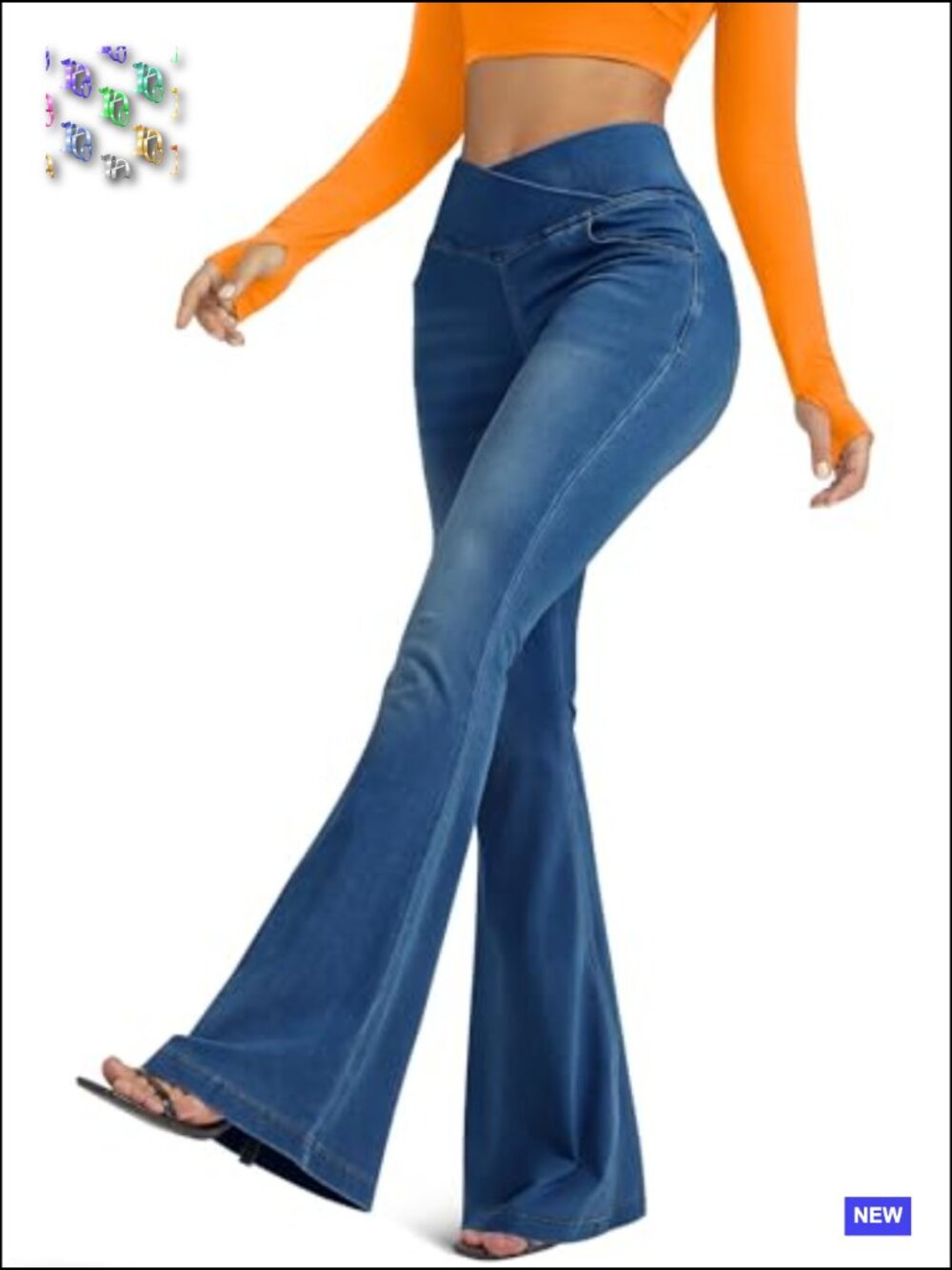 Knit Stretchy Crossover High Waisted Flare Bell Bottom Jeans with Pockets - Picture 3 of 4
